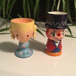 Vintage Handpainted wooden egg cups girl and clown